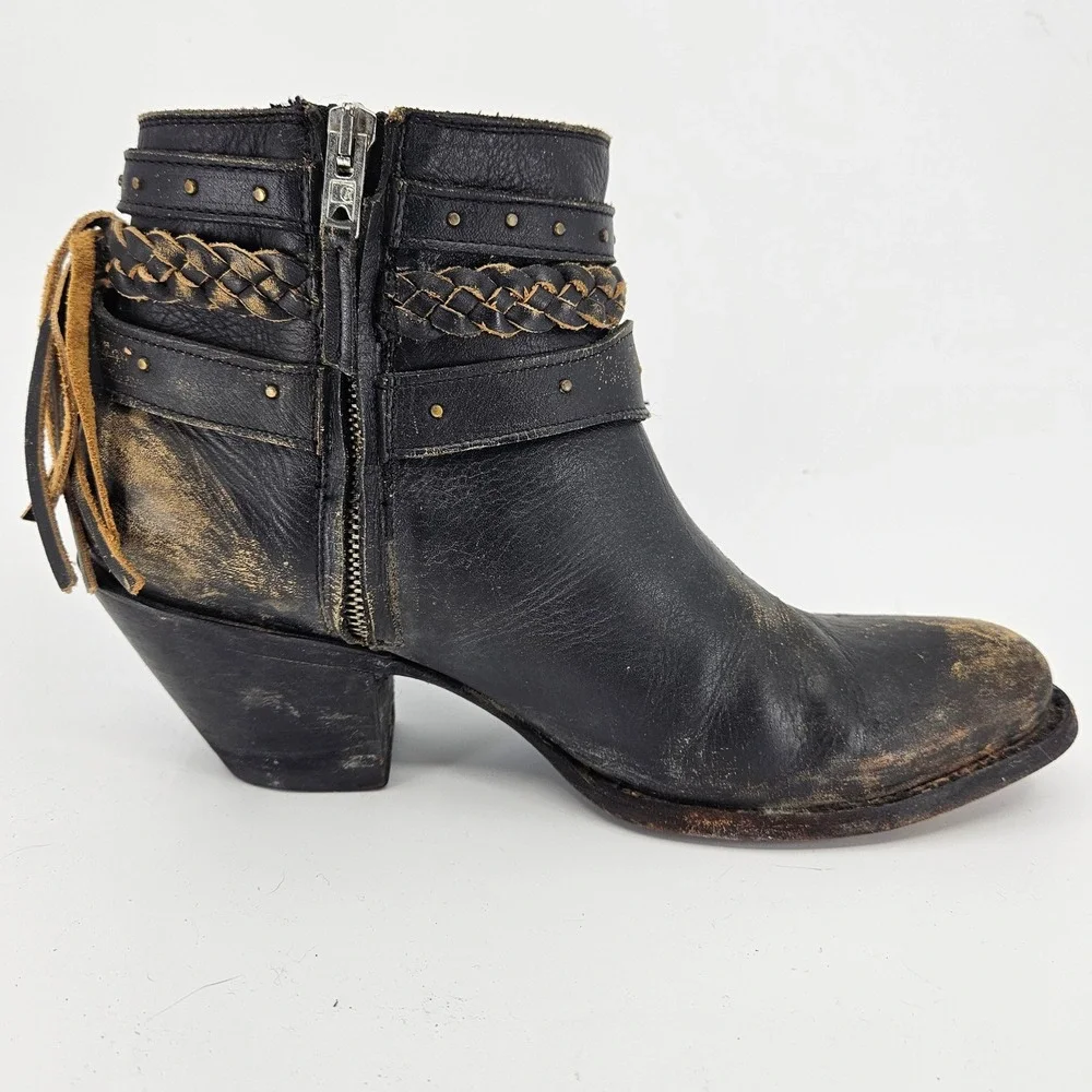 Idyllwind by Miranda Lambert Black Braided‎ Leather Ankle Boot Buckle Fringe